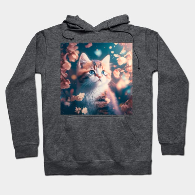 Cute Cat Blue Eyes Floral Background | White, brown and grey cat with blue eyes | Digital art Sticker Hoodie by withdiamonds